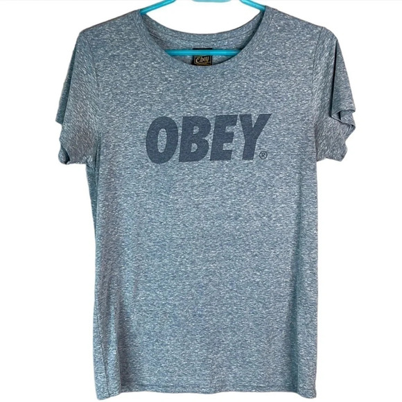 OBEY Graphic Logo Crewneck T-Shirt Heather Blue Short Sleeve USA Baddie Size M - Picture 2 of 10